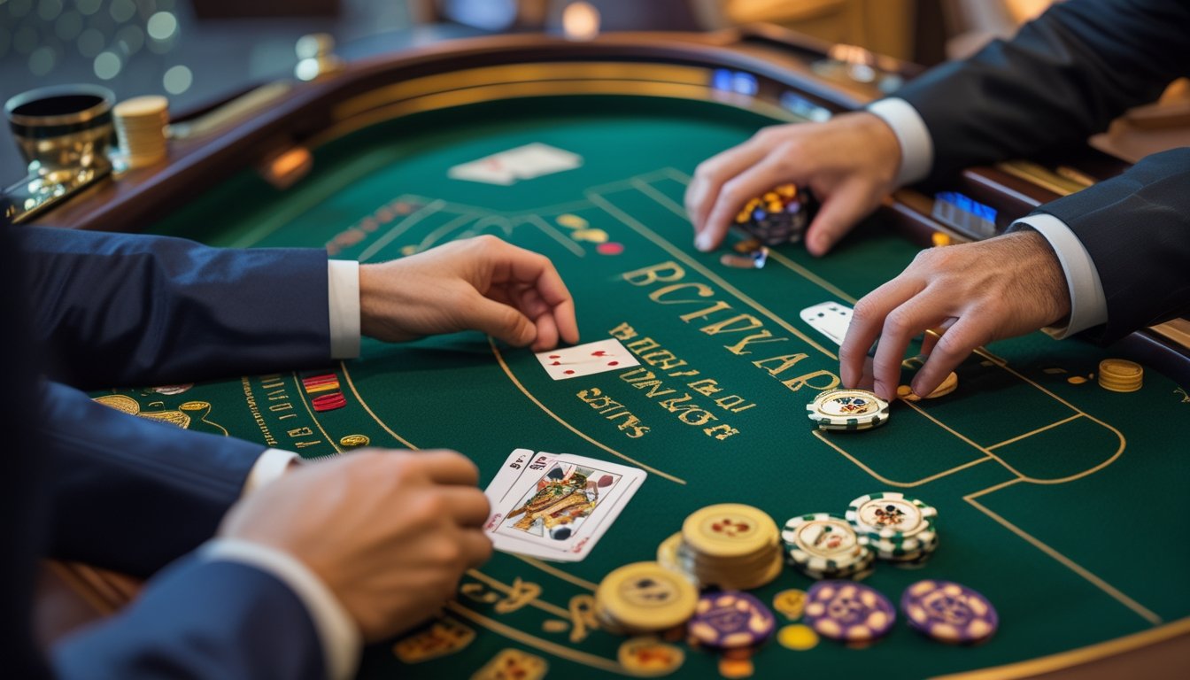 Pemain pemula meletakkan keping taruhan di meja baccarat sementara dealer menyiapkan kartu.