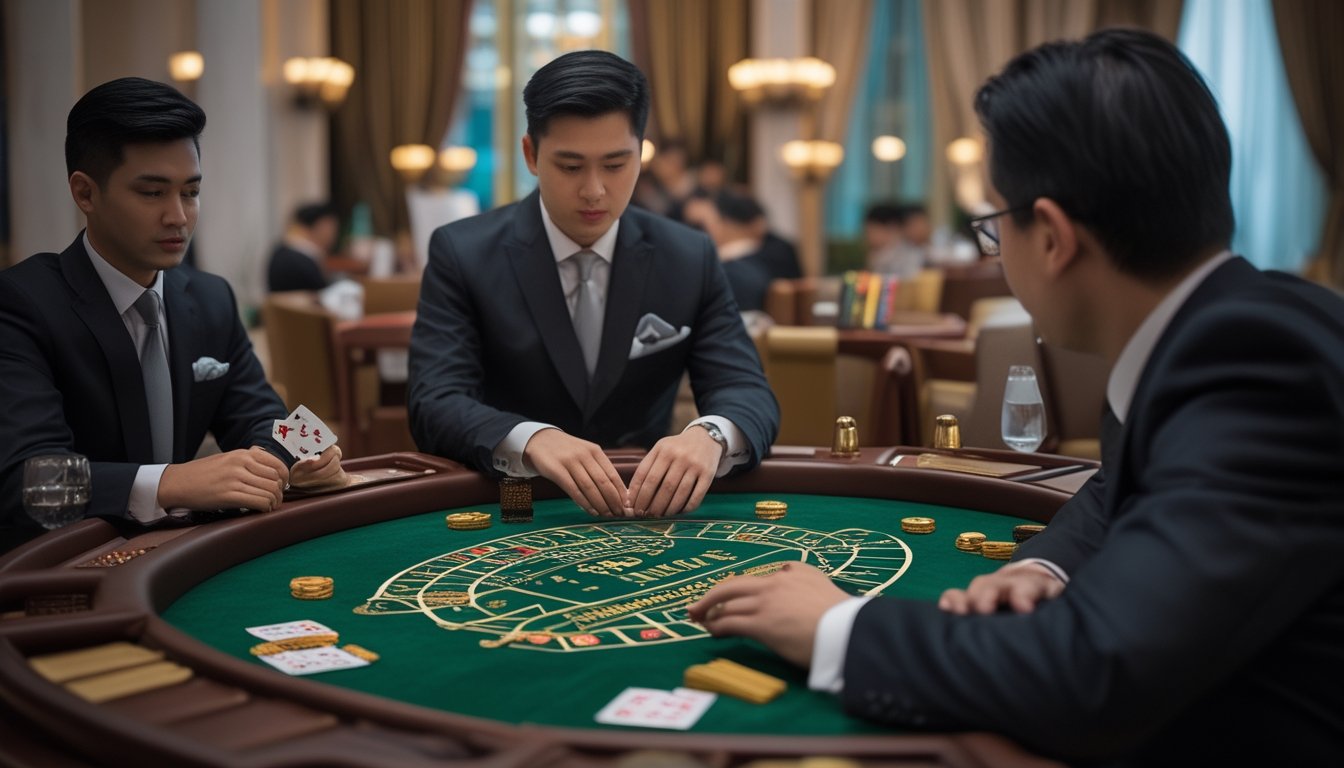 Seorang bandar dan dua pemain memperhatikan kartu serta keping taruhan di meja baccarat.