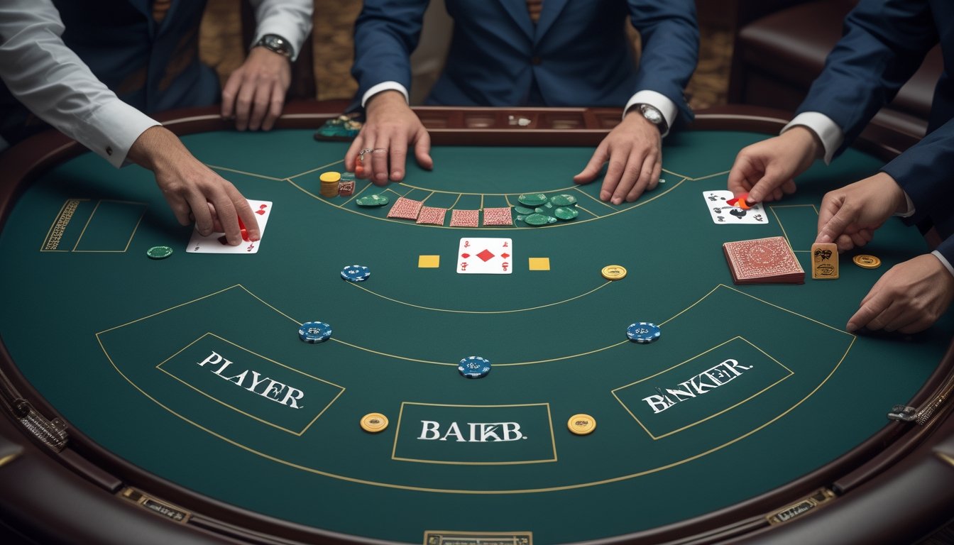 Tangan pemain dan bandar menata keping taruhan di meja baccarat.