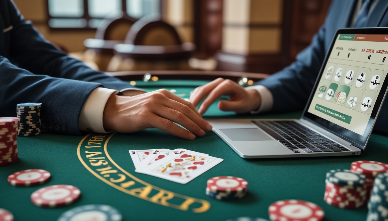 Seseorang melihat permainan baccarat di laptop di samping meja kartu dengan kartu dan keping taruhan.