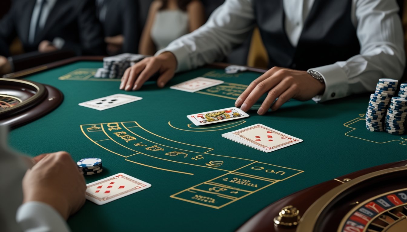 Dealer dan pemain mengamati kartu serta keping taruhan di meja baccarat.