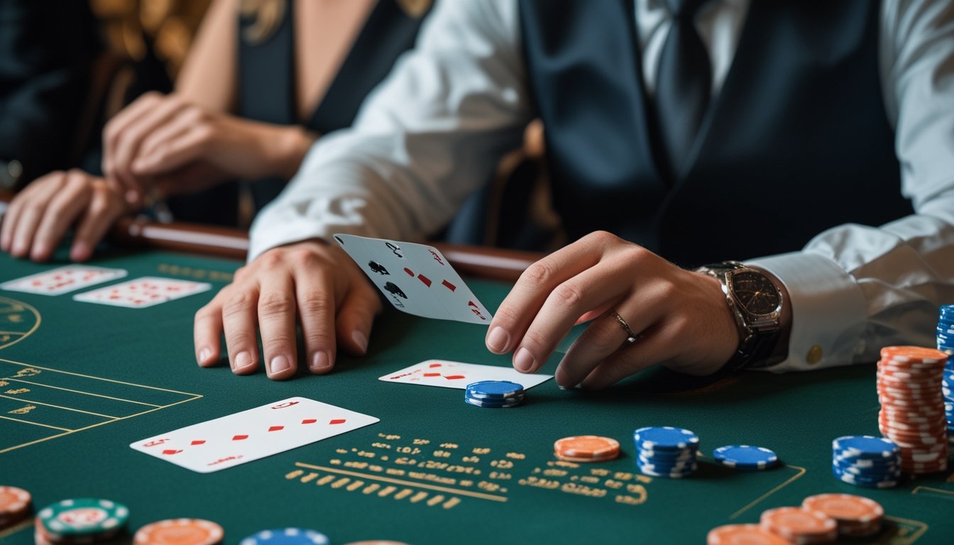 Seorang pemain dan dealer berada di meja baccarat dengan kartu dan keping taruhan.