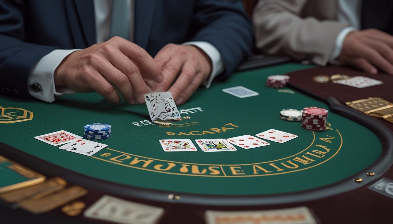 Kartu remi dan tumpukan chip di atas meja baccarat, dengan seorang pemain yang sedang mempertimbangkan pilihannya.