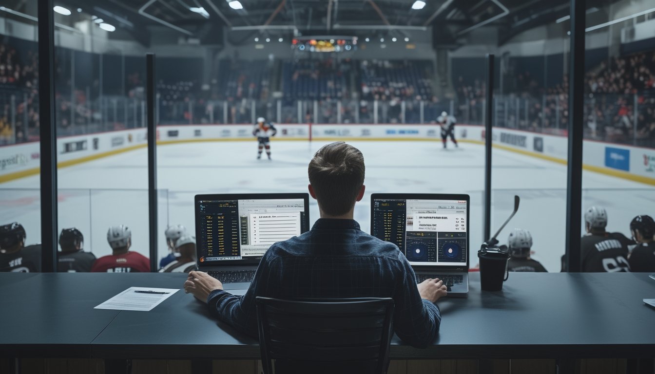 Seorang pemula mengamati pertandingan hoki es sambil melihat statistik di laptop dan ponsel.