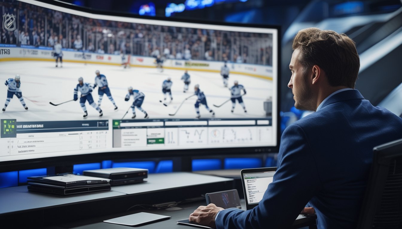 Seorang analis mengamati pertandingan hoki es dan grafik statistik tim di layar.