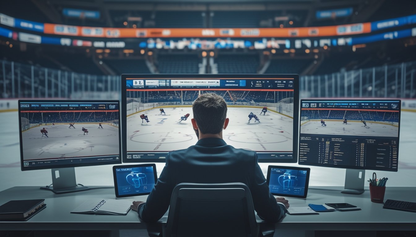 Seorang analis mengamati pertandingan hoki es dan grafik statistik di layar.