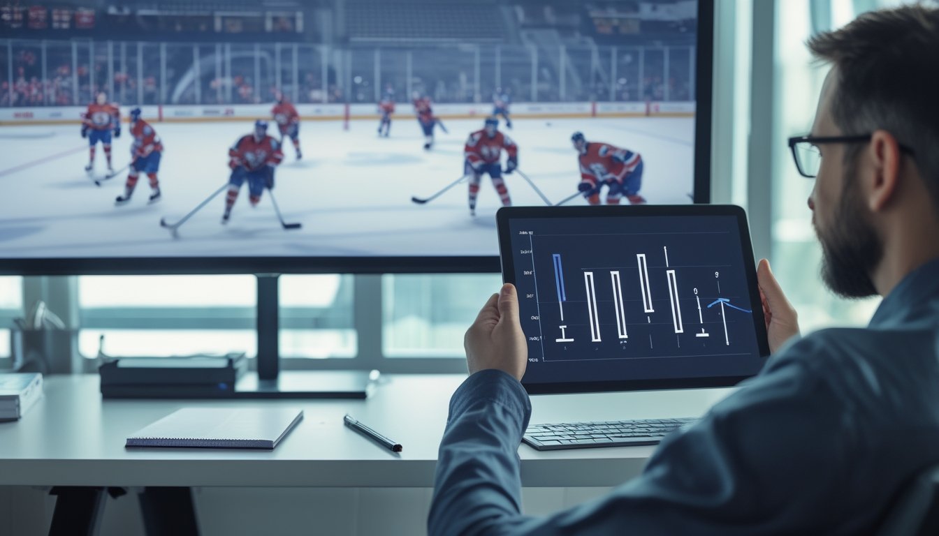 Seorang penggemar hoki mempelajari pertandingan NHL di layar sambil melihat grafik pada tablet.