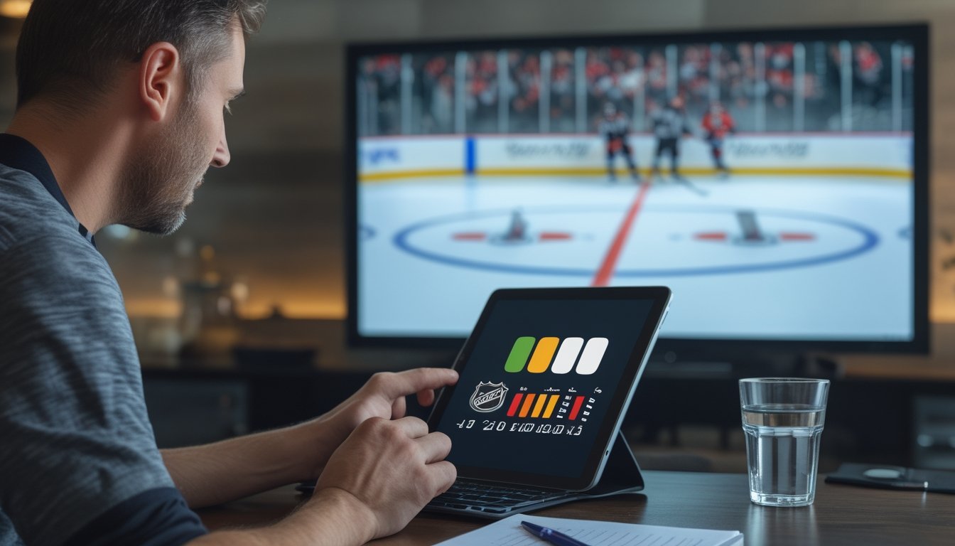 Seorang penggemar hoki es mempelajari tablet sambil menonton pertandingan NHL di televisi.