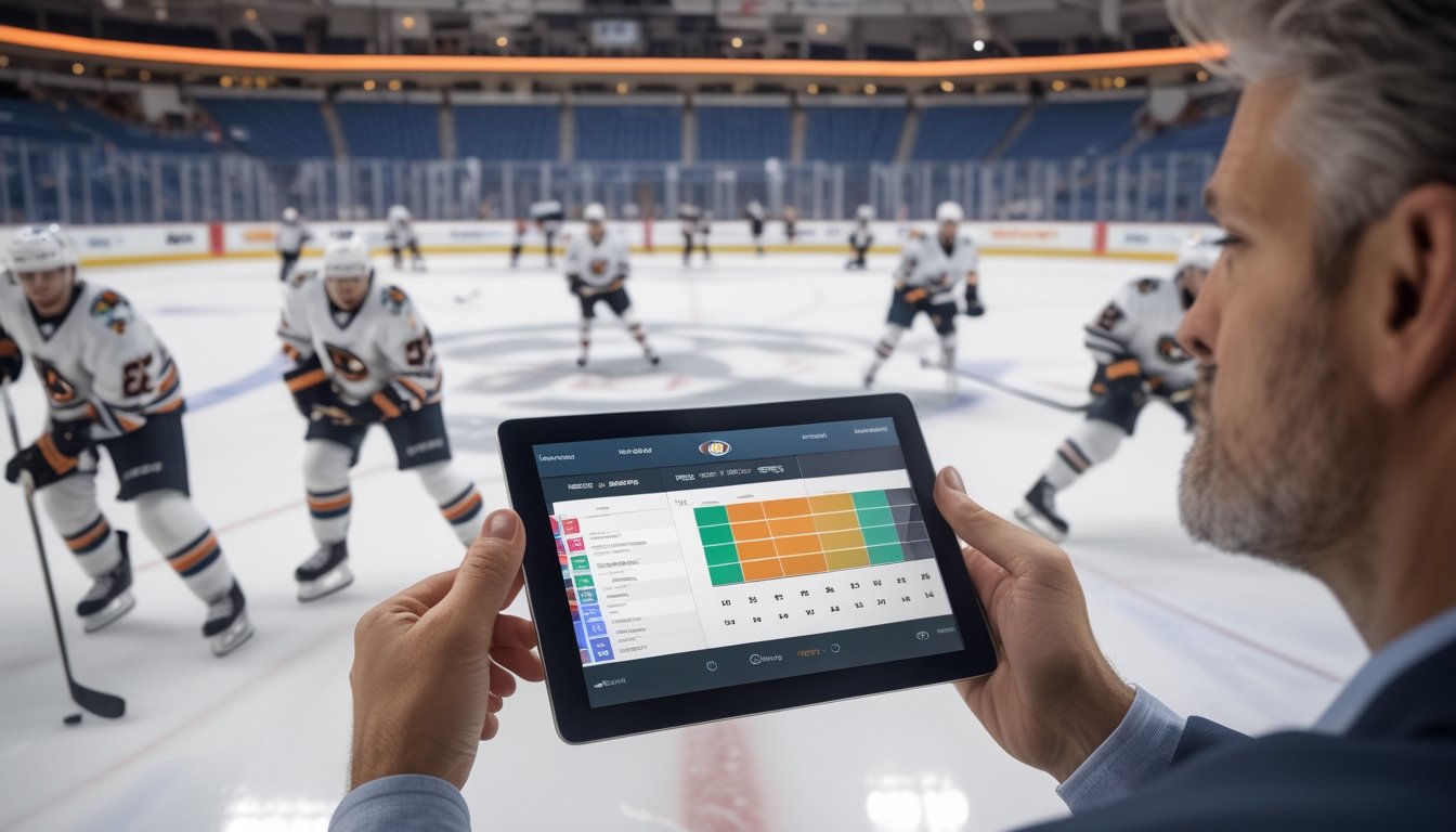 Pemain hoki bertanding di arena sementara seorang penonton melihat tablet.