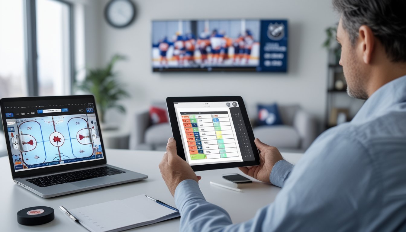 Seorang penggemar hoki memeriksa jadwal pertandingan di tablet sambil menyaksikan pertandingan di televisi.