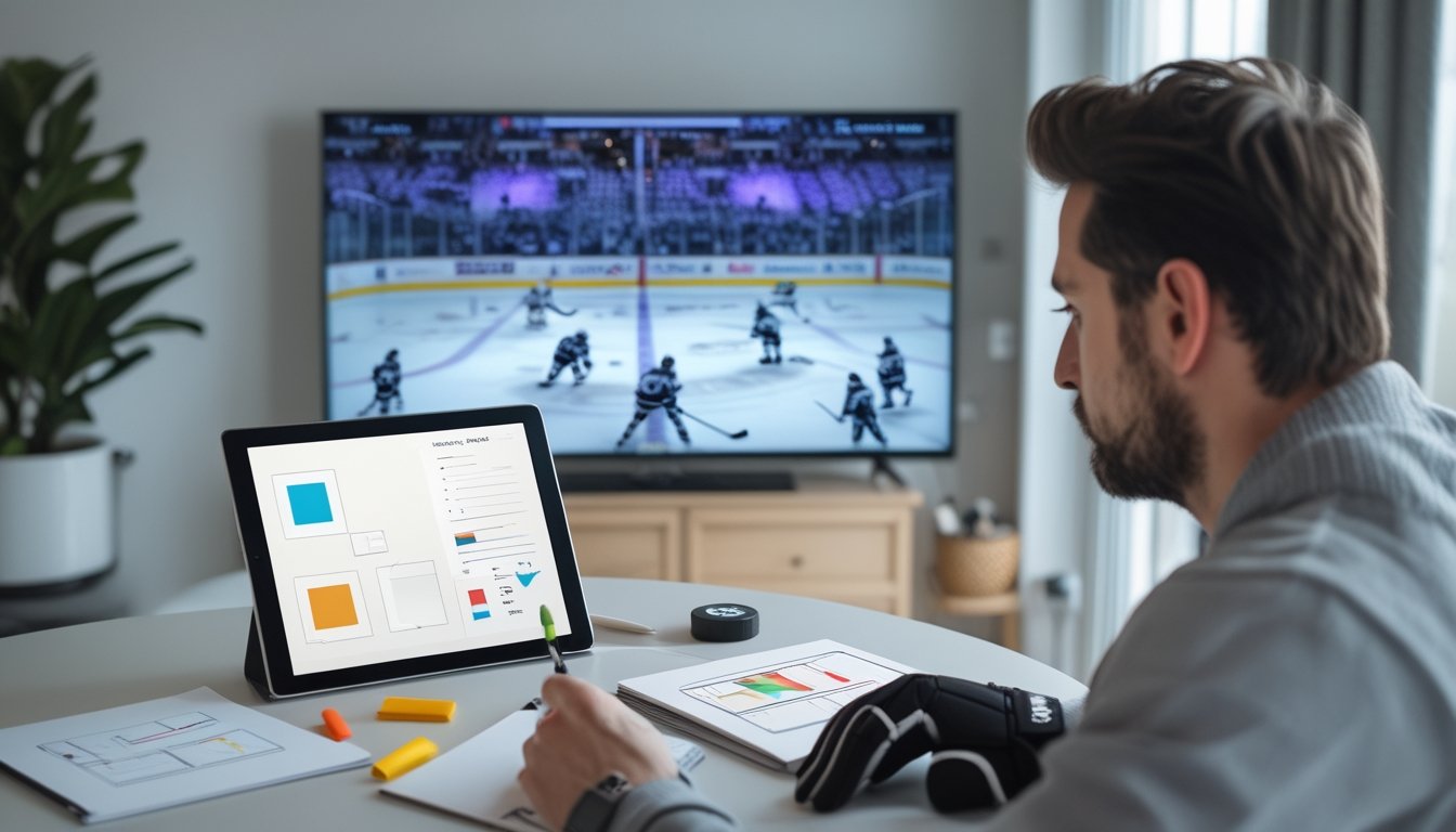Penggemar hoki es mengamati pertandingan sambil mempelajari grafik tanpa tulisan di meja.