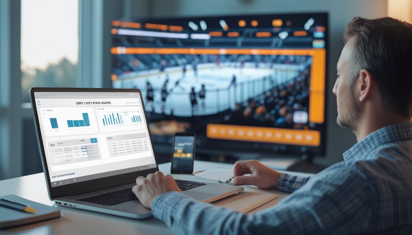 Seorang penggemar hoki menganalisis pertandingan NHL di laptop sambil menonton pertandingan di televisi.