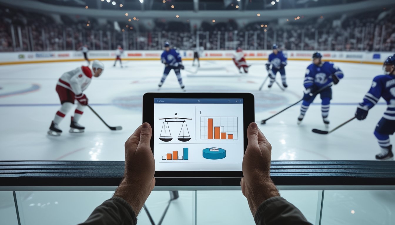 Pemain hoki es bertanding di arena sementara seorang penonton melihat tablet.