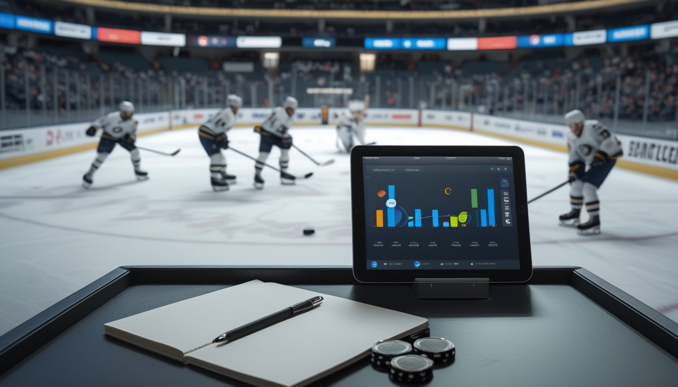 Pemain hoki es bertanding di arena, sementara tablet dengan grafik abstrak terlihat di latar depan.