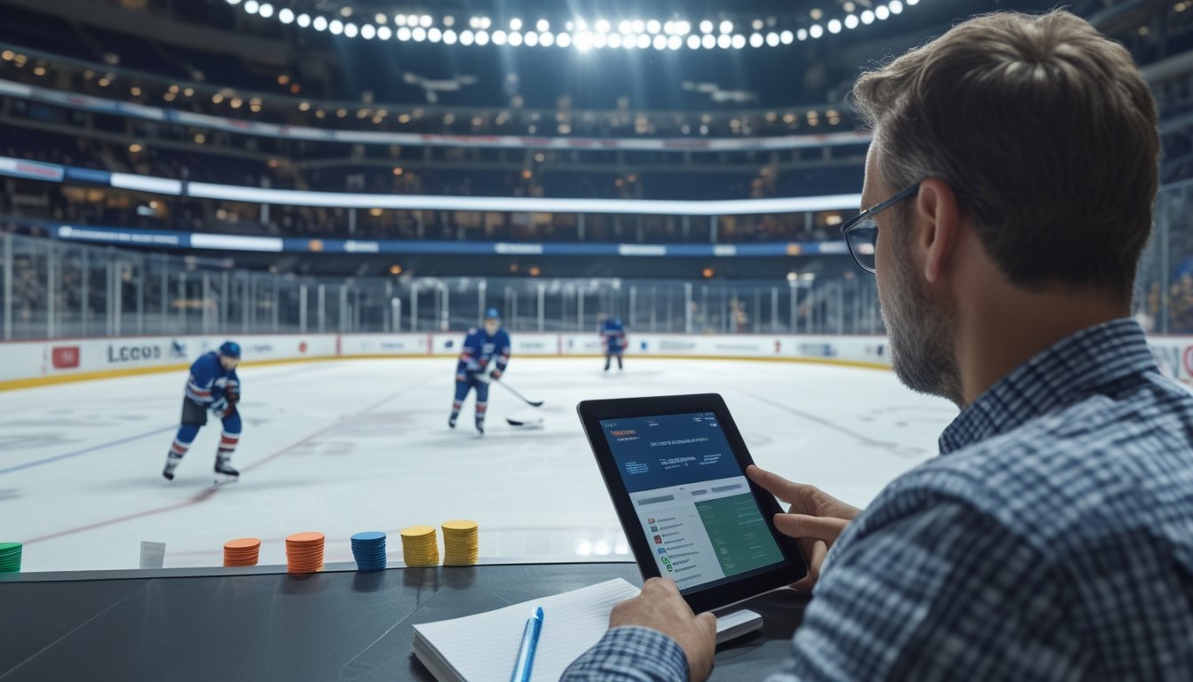 Penonton mengamati pertandingan hoki es sambil mempelajari tablet dan catatan.