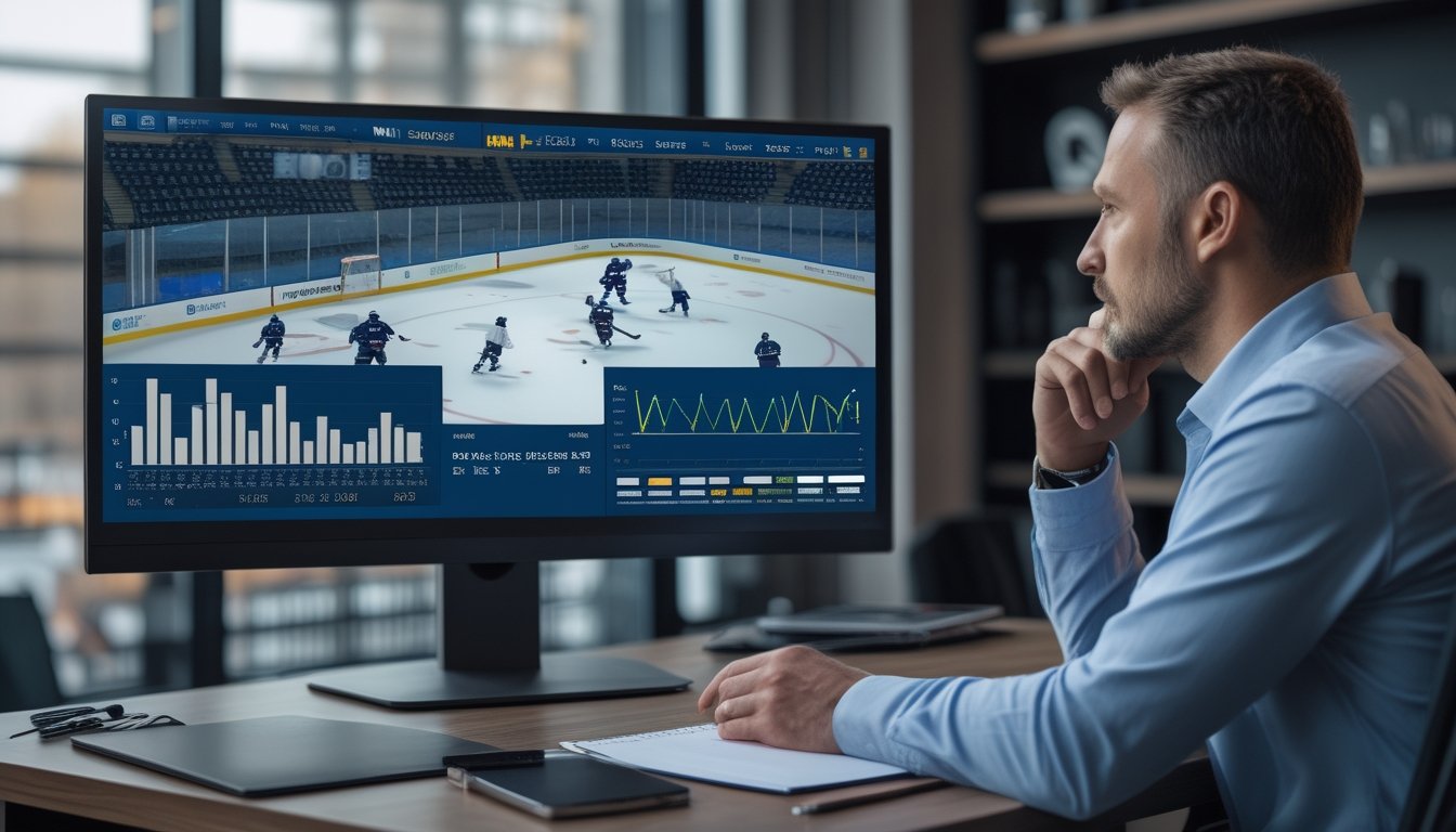 Seorang analis mengamati pertandingan hoki es di layar sambil meninjau grafik statistik.