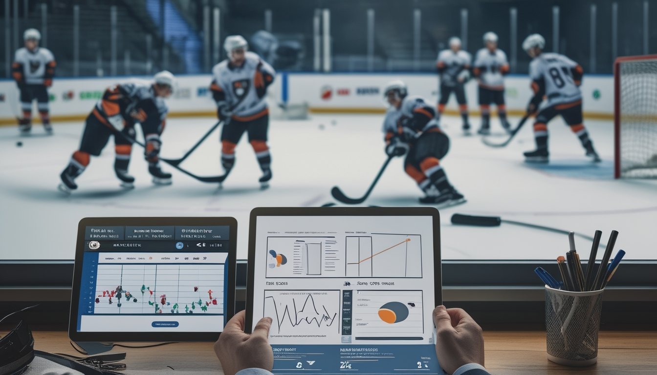 Seorang analis mengamati grafik statistik pertandingan hoki es sementara para pemain bertanding di arena.