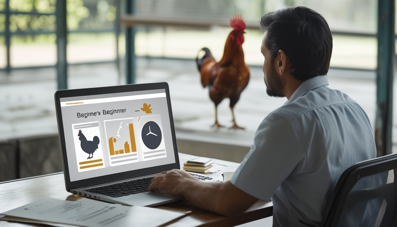 Seorang pemula mempelajari tampilan laptop sementara seekor ayam jantan berdiri di latar belakang.