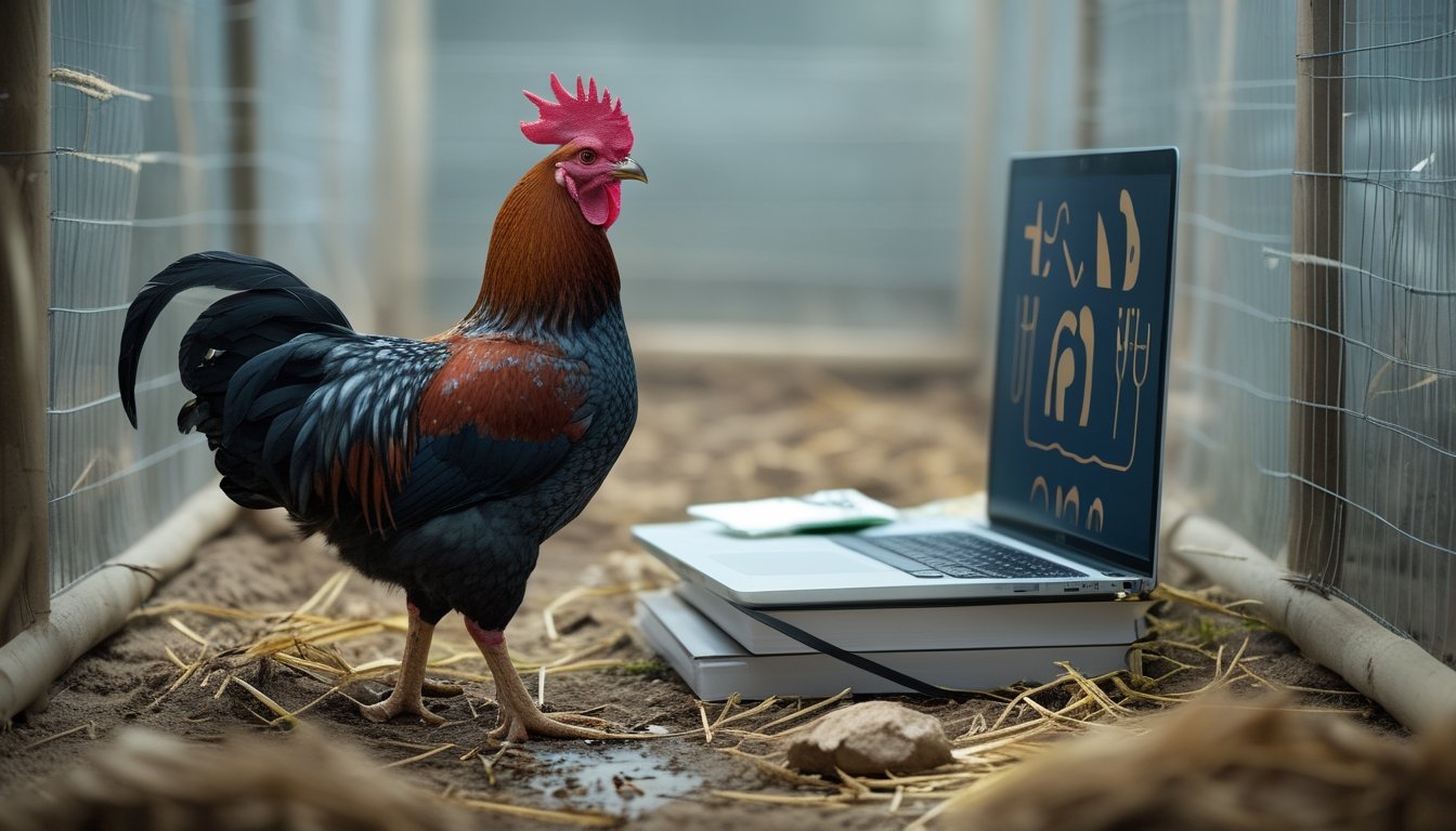 Seekor ayam jantan berdiri di kandang bersih, dengan laptop dan dokumen hukum di latar belakang.