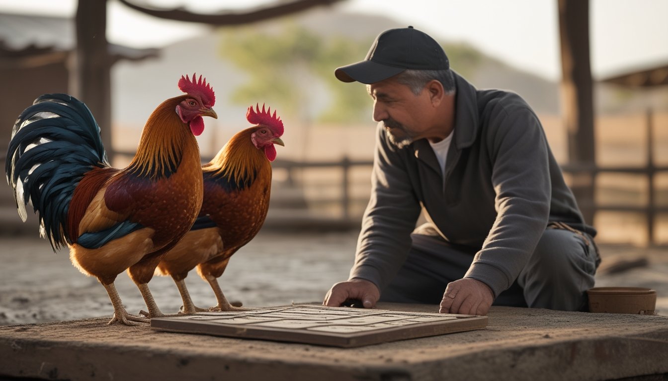 Dua ayam jantan berdiri terpisah sementara seorang pengamat melihat papan permainan dan beberapa keping.