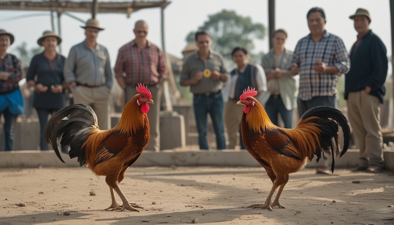 Dua ayam jantan berdiri terpisah di arena sementara beberapa orang mengamati dan berdiskusi.