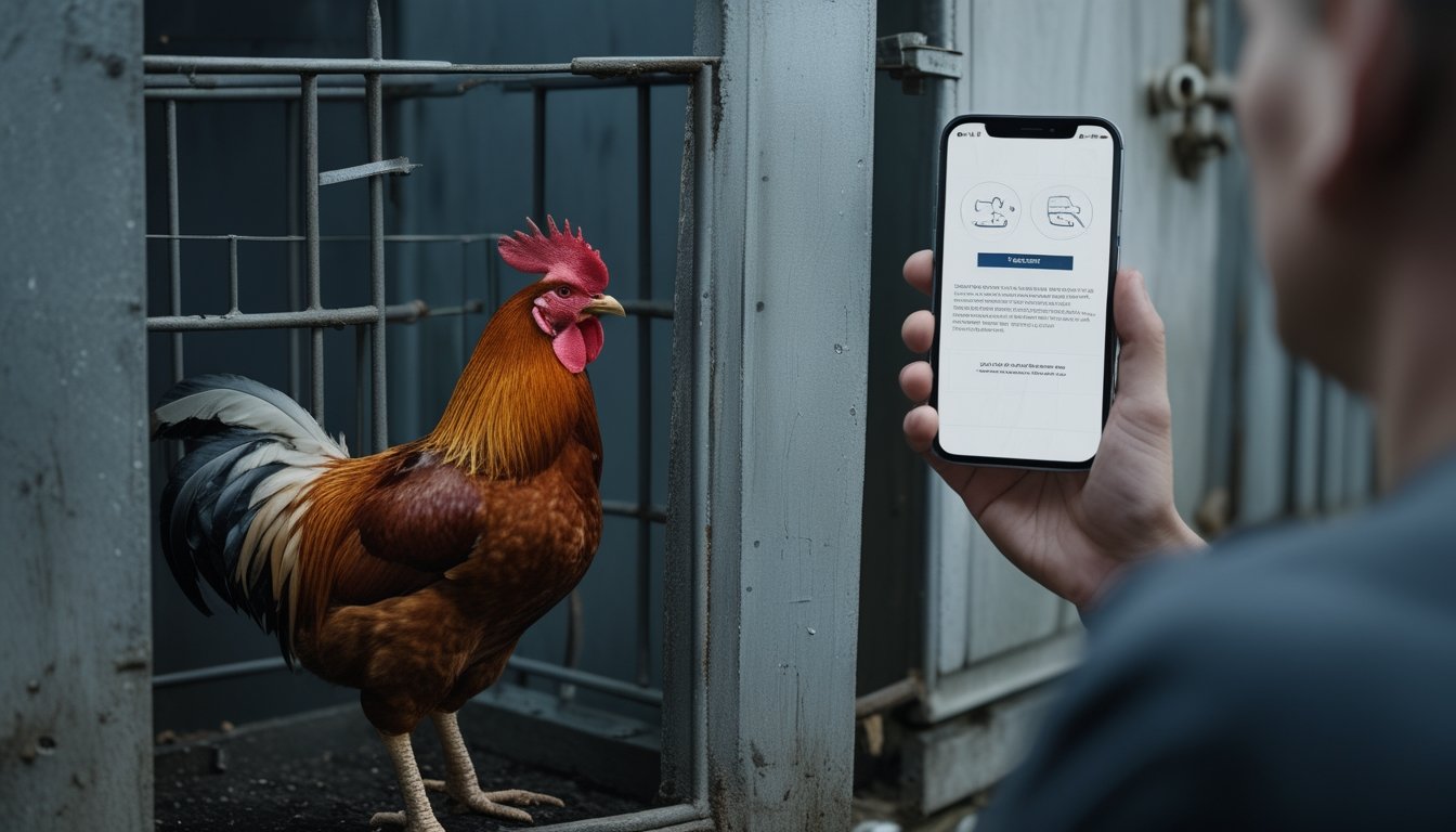 Seekor ayam jantan berada di kandang, sementara seseorang melihat ponsel dengan ekspresi khawatir.