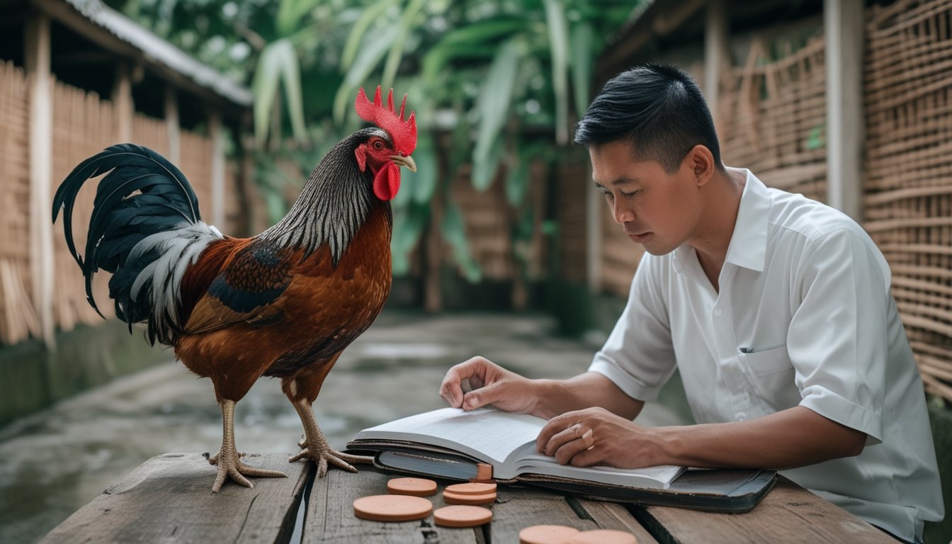 Seseorang mempelajari buku catatan di dekat ayam jantan yang berdiri tenang di halaman.