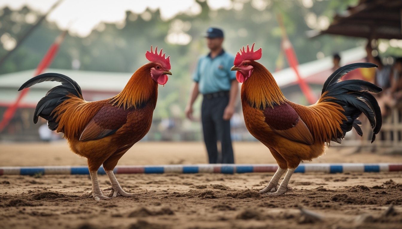 Dua ayam jantan berhadapan di arena sementara seorang wasit mengamati.