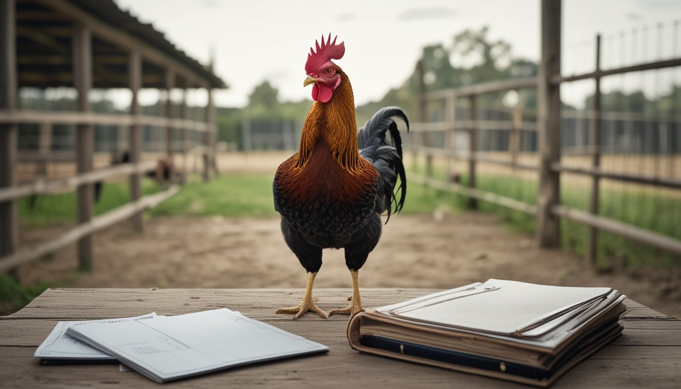 Seekor ayam jantan berdiri di kandang bersih, dengan buku catatan tertutup dan kertas kosong di atas meja.