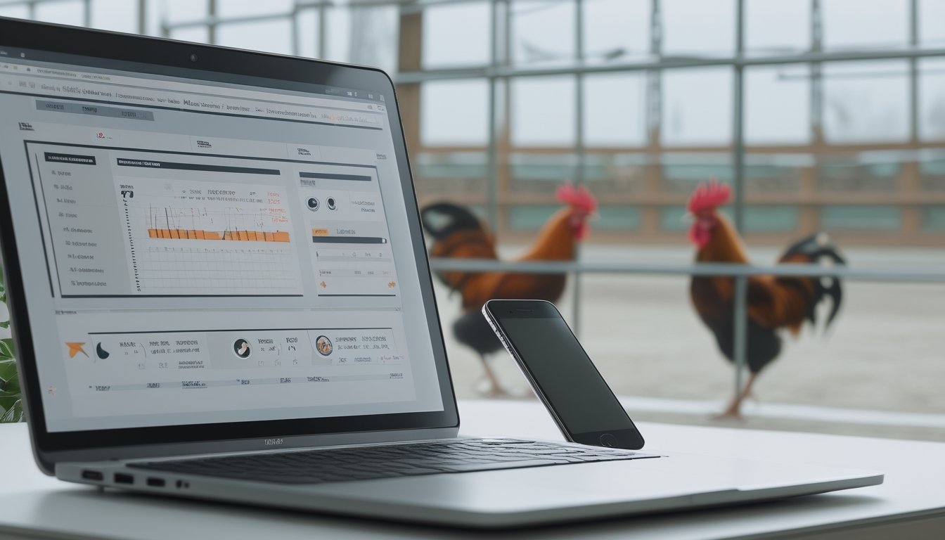 Laptop dan ponsel menampilkan antarmuka taruhan abstrak, dengan siluet ayam di latar belakang.