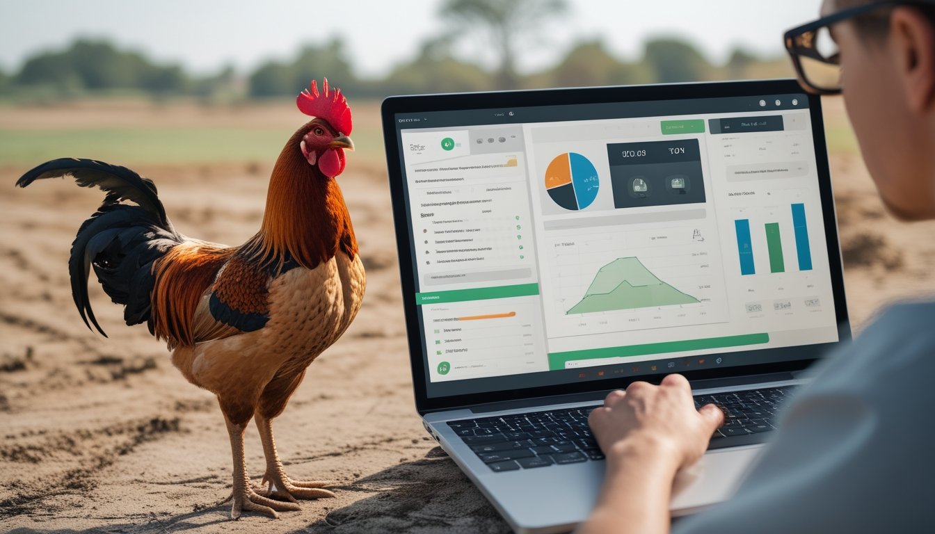 Seseorang mempelajari tampilan digital di samping seekor ayam jantan.