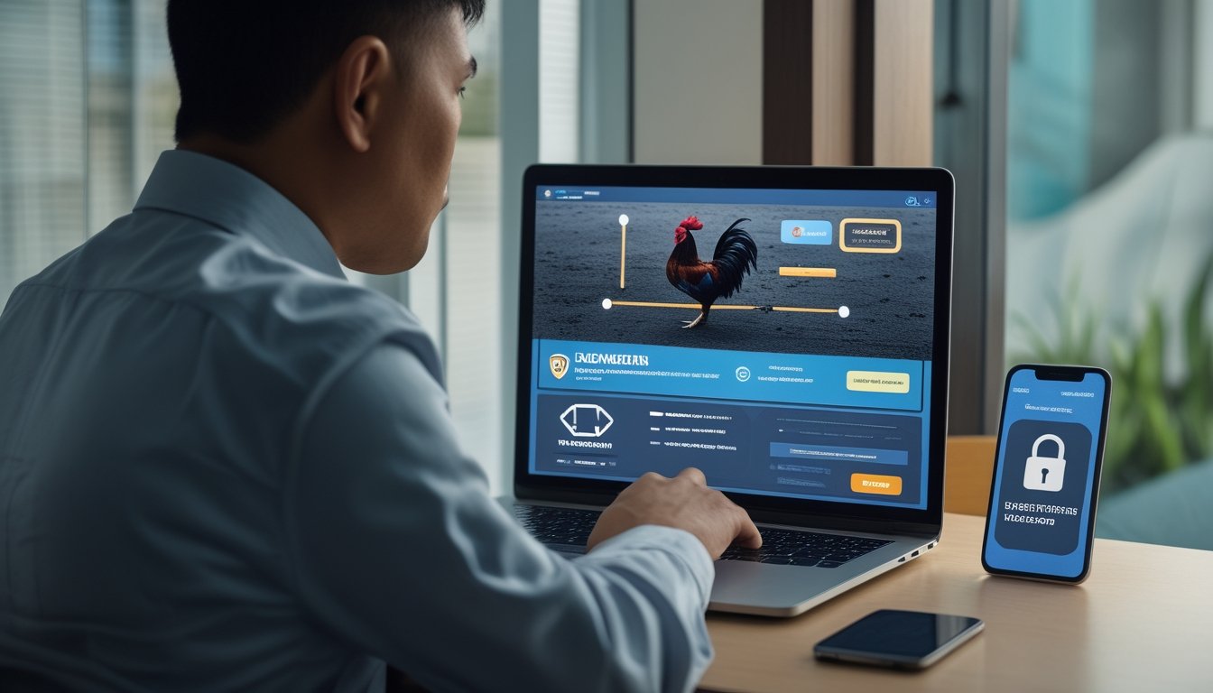 Seseorang memeriksa laptop dan ponsel dengan simbol keamanan akun.