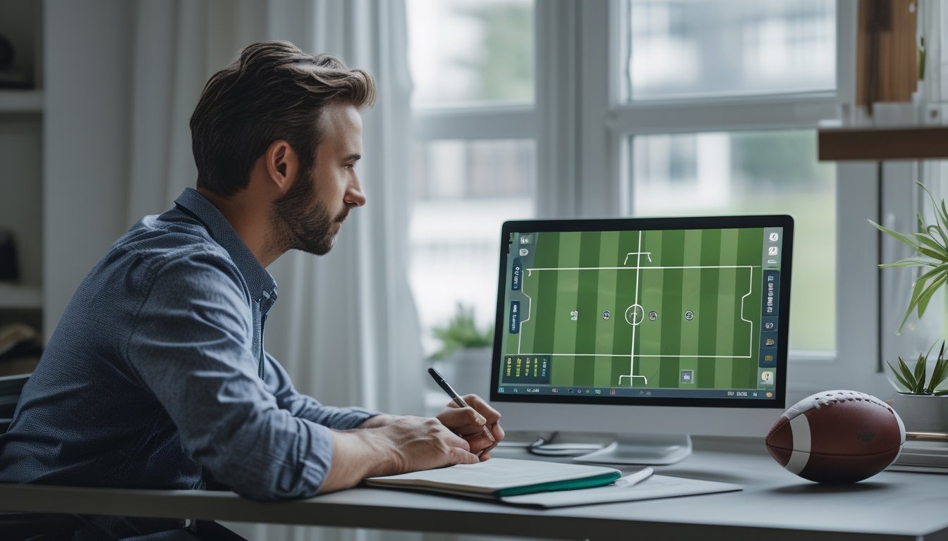 Seorang pria mempelajari pertandingan sepak bola di laptop sambil mencatat di meja.