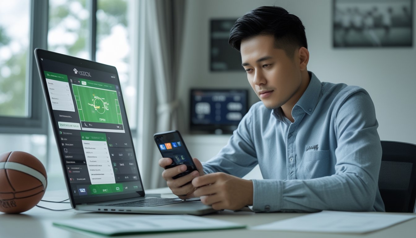 Seorang pria mempelajari pertandingan sepak bola melalui laptop dan ponsel di meja.