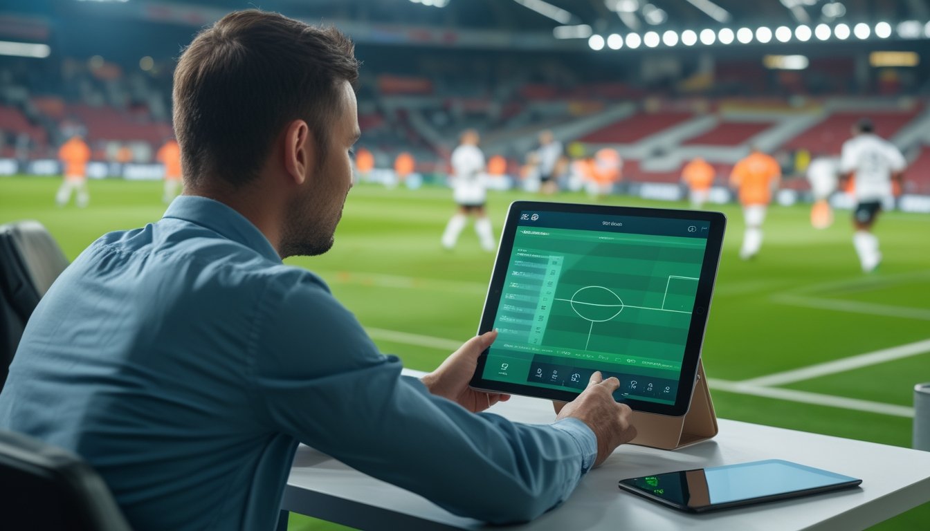 Seorang penggemar sepak bola mempelajari informasi pertandingan di tablet sambil menonton laga di layar.