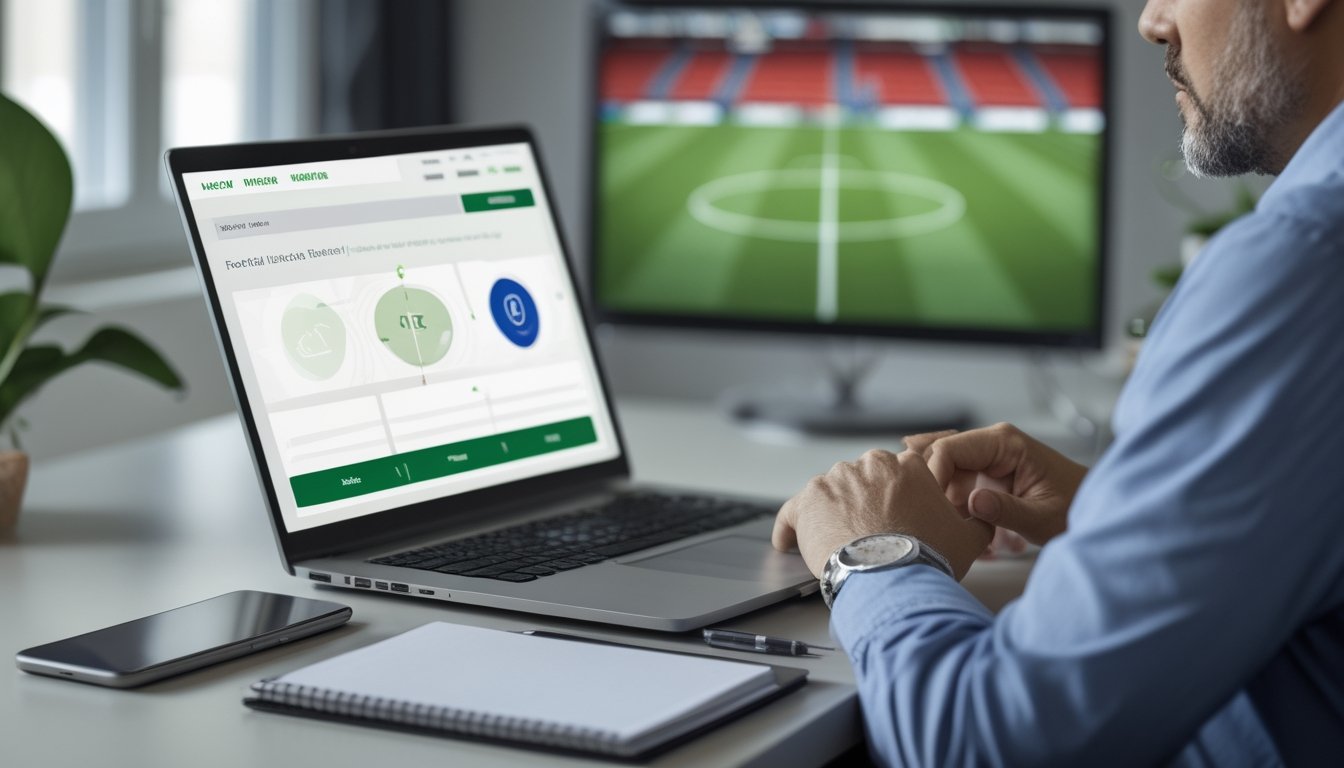 Seorang analis memeriksa tampilan pertandingan sepak bola di laptop di meja kerja.