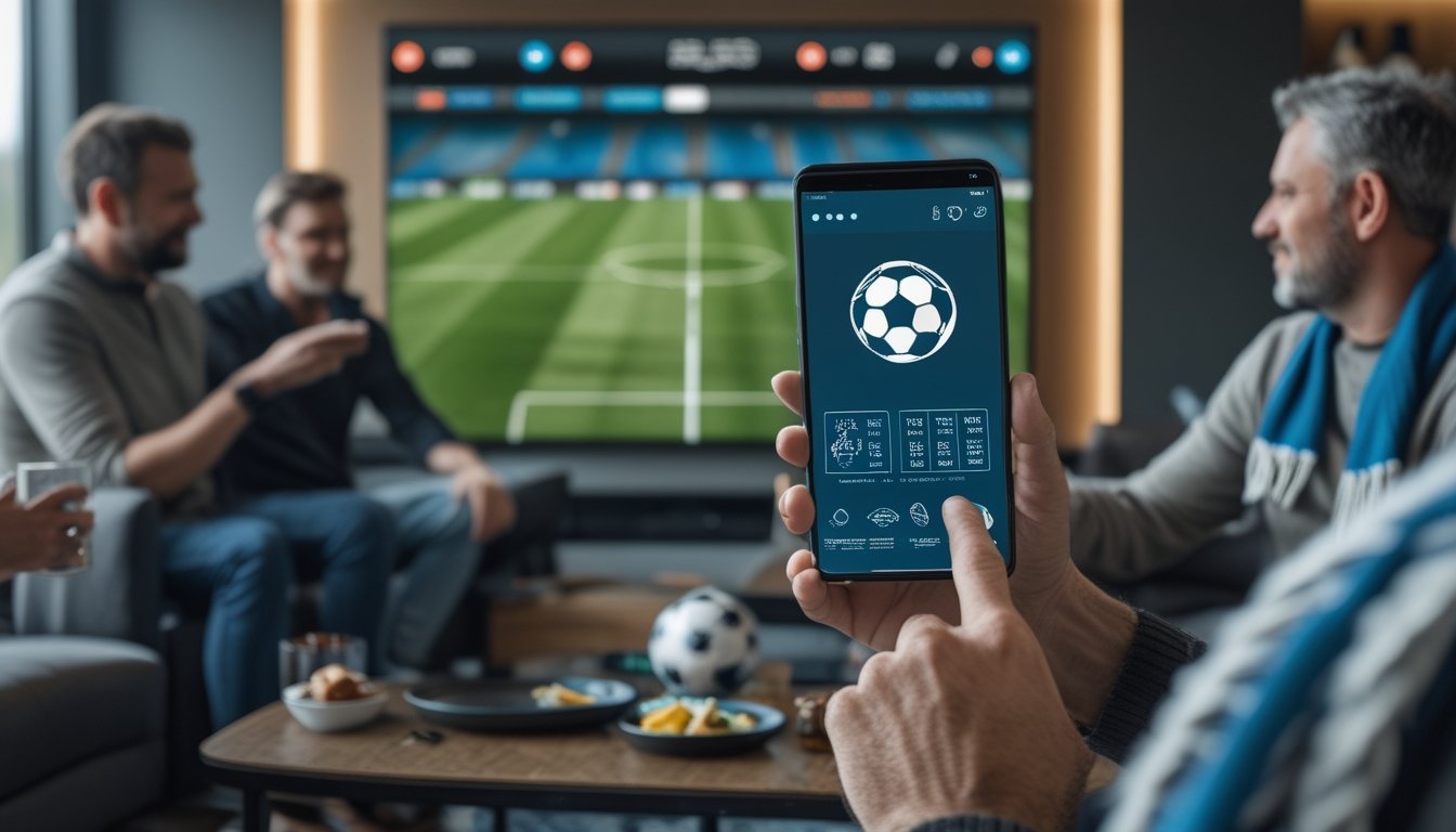 Para penggemar sepak bola menonton pertandingan bersama sambil melihat informasi olahraga di ponsel.