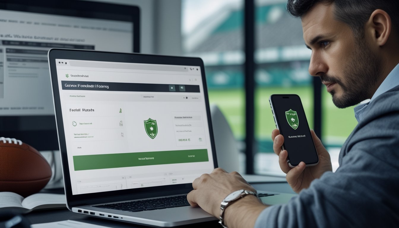 Seorang penggemar sepak bola memeriksa keamanan platform daring melalui laptop dan ponsel.