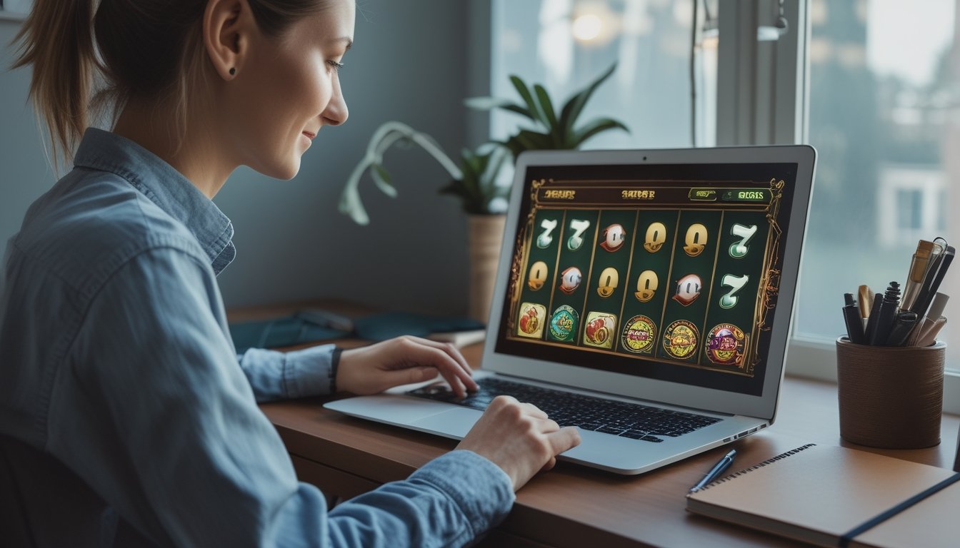 Seorang dewasa melihat permainan slot di laptop sambil menyiapkan buku catatan dan pena.