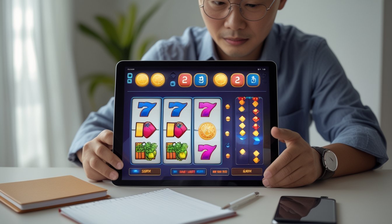 Seorang dewasa mempelajari permainan slot di tablet sambil mencatat di meja.