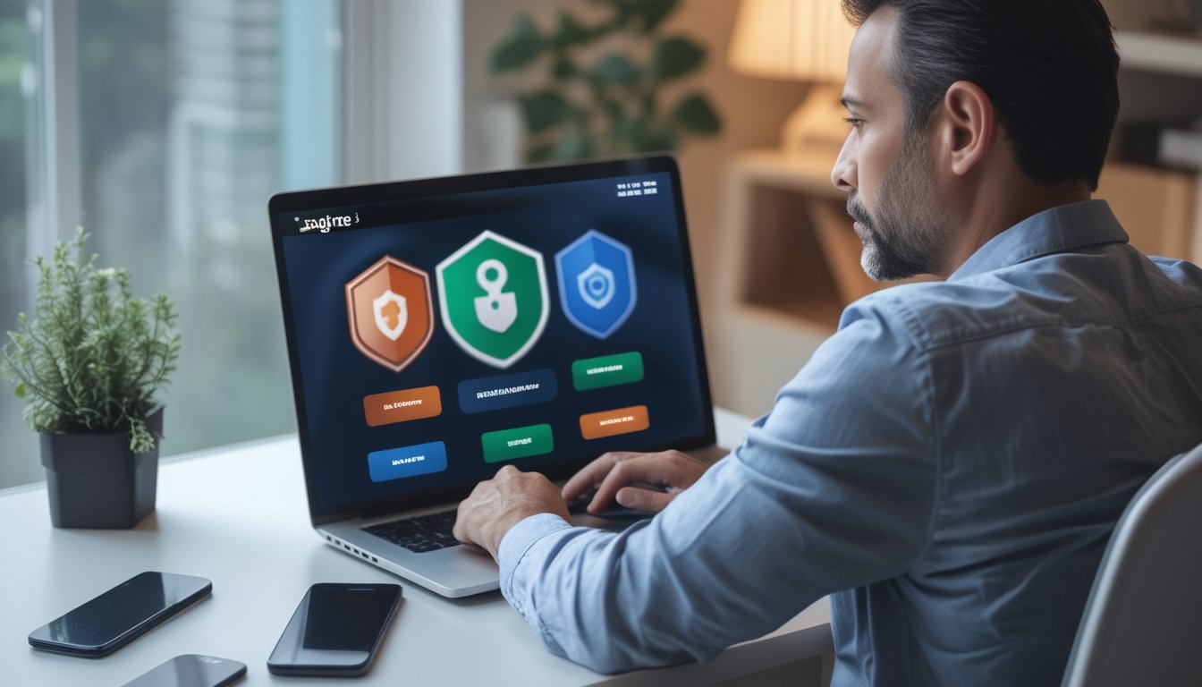 Seseorang memeriksa situs taruhan online di laptop dengan simbol keamanan di layar.