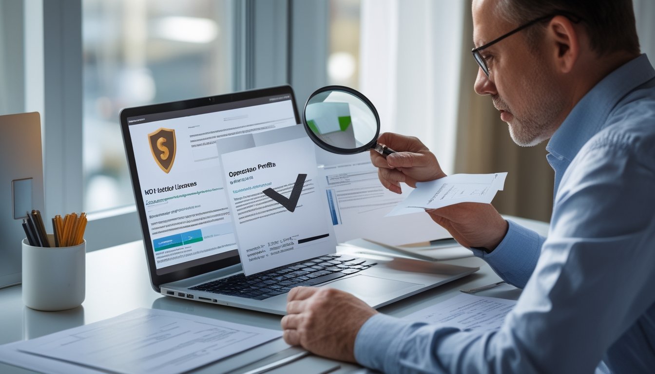 Seseorang memeriksa dokumen izin operator di depan laptop.