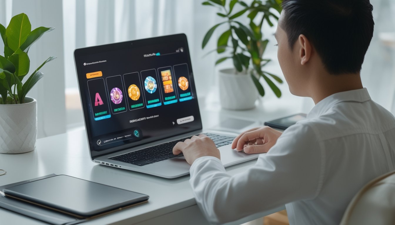 Seorang dewasa menggunakan laptop untuk melihat permainan slot online di meja.