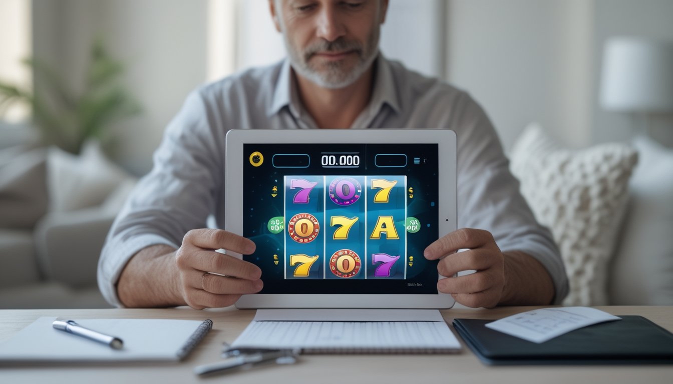 Seorang pemula mempelajari permainan slot di tablet sambil mencatat di meja.