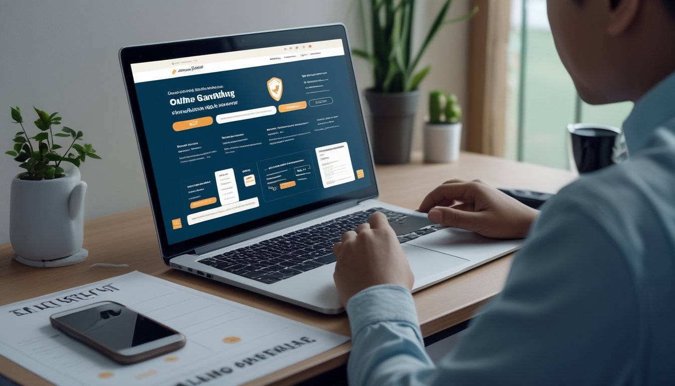Seorang pemula memeriksa situs taruhan di laptop dengan daftar periksa di meja.