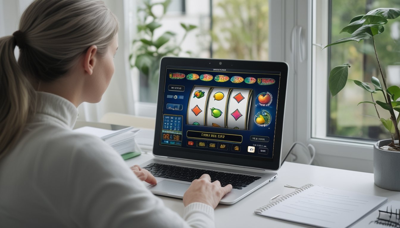 Seseorang dewasa melihat permainan slot di laptop di meja yang tertata rapi.