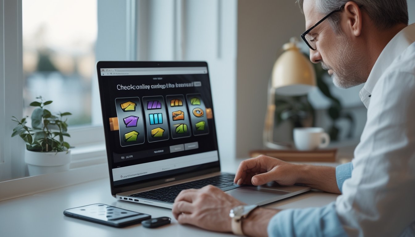 Seseorang memeriksa permainan slot daring di laptop dengan ponsel dan daftar periksa di meja.