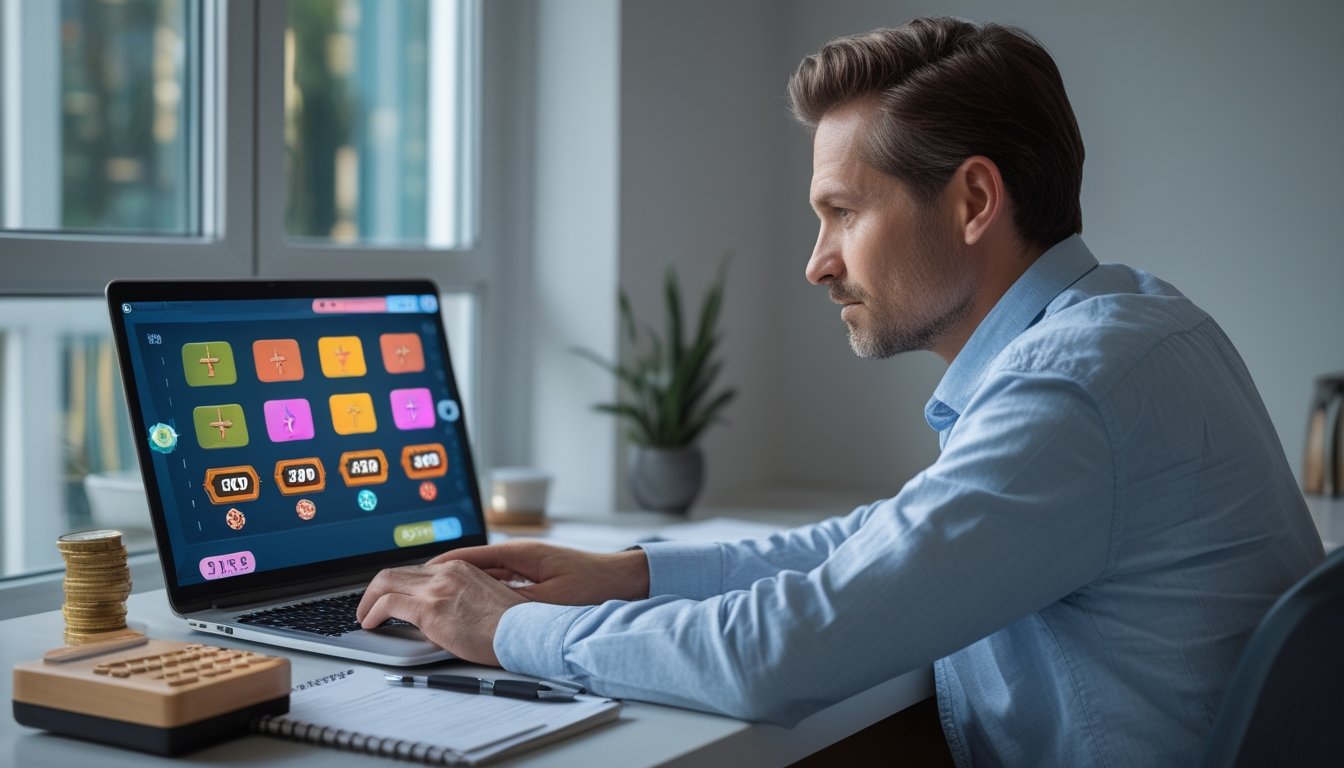 Seorang dewasa memeriksa tampilan permainan slot di laptop sambil mencatat di meja.