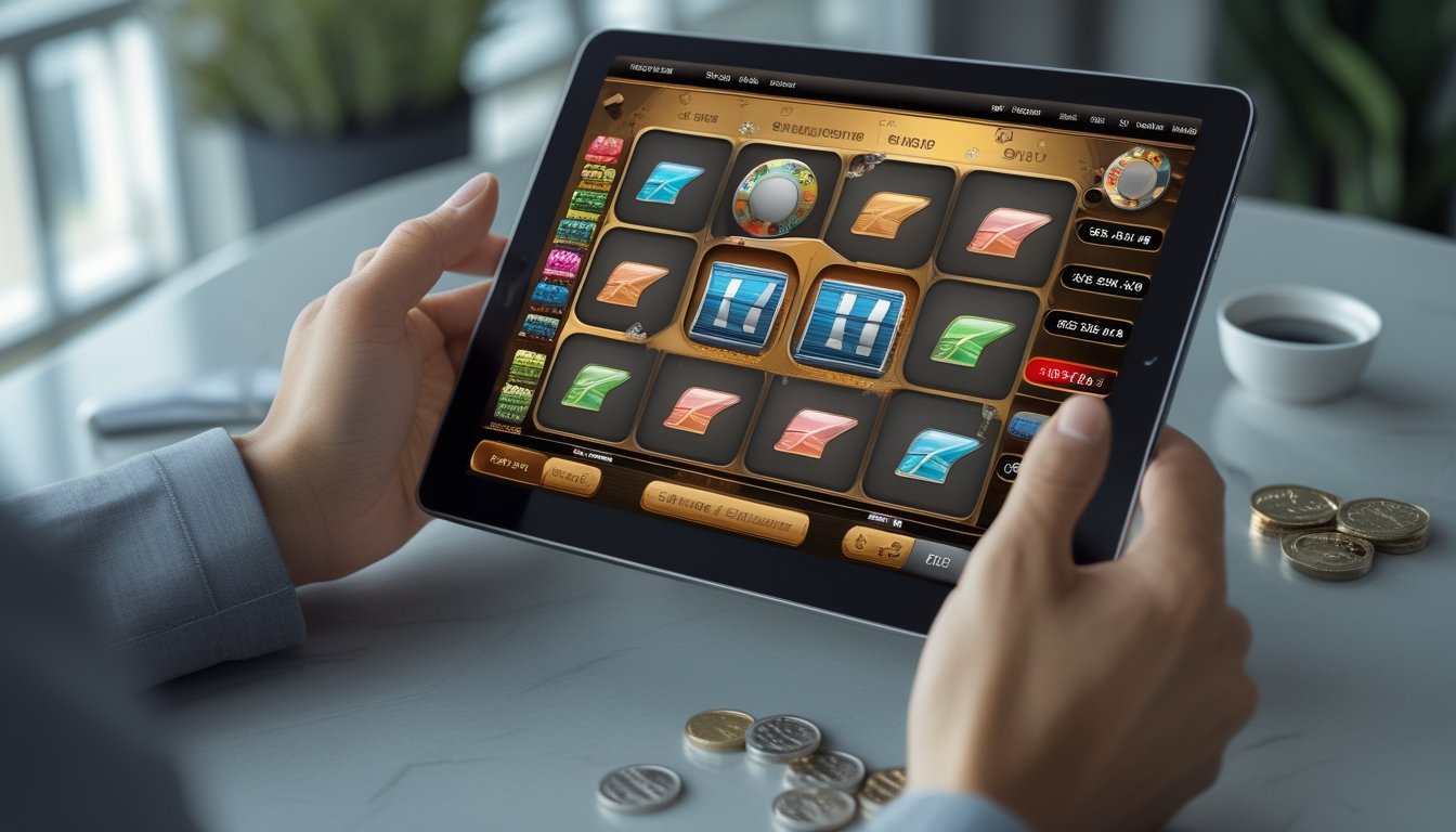Seorang pengguna meninjau permainan slot digital di tablet.