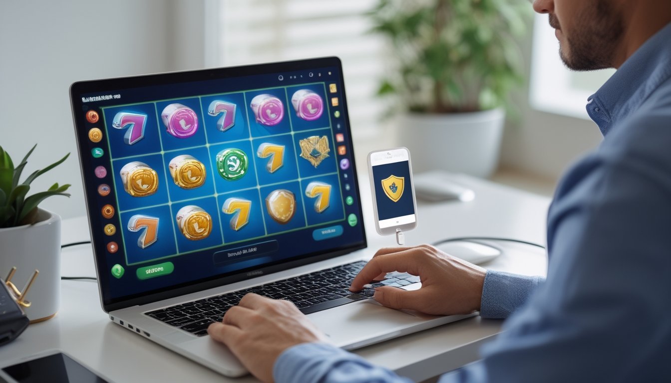 Seseorang menggunakan laptop dengan permainan slot abstrak dan ponsel yang menampilkan ikon keamanan.